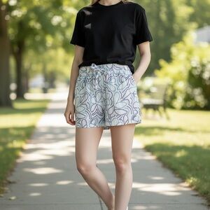 High-Waist Drawstring Cotton Embroidered Shorts - White & Blue